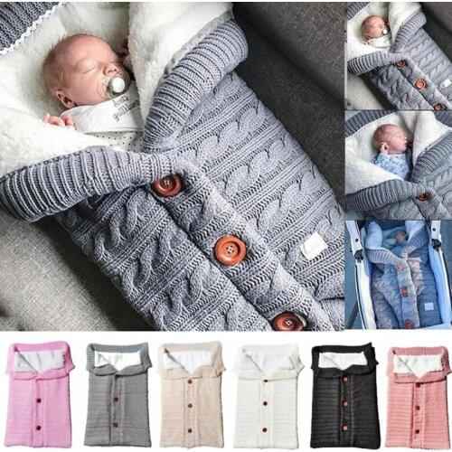 Winter Warm Baby Sleeping Bag Thicken Infant Wool Knitted Wrap with Button Newborn Stroller Blanket Cashmere Envelope Sleepsack
