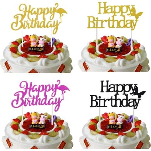 1pc Cake Toppers Happy Birthday Flamingo Butterfly Birthday Party Cake Baking Decoration Supplies Multi Colors