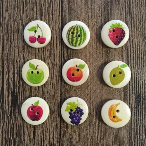 100pcs 15mm Wood Mixed Fruits Buttons Sewing 2 Holes Round Decorative Button Embellishments DIY Crafts Wholesale