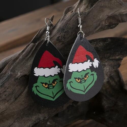 2020 Wholesale Cross-border Jewelry European and American Christmas Grinch Leather Drop Double-sided Pattern Earrings