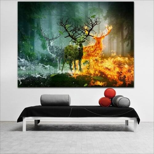 Large size Printing Deer Fire Water Canvas Painting Wall art Home Decor Living Room Modern Canvas Print Paintings no frame WLONG