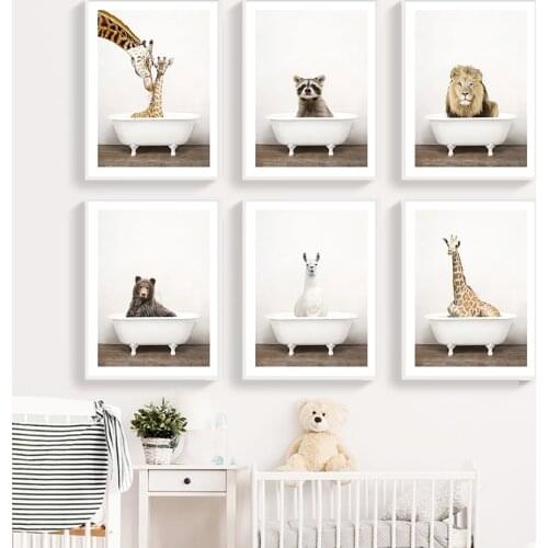 Baby Animal Bathtub Poster Giraffe Elephant panda Canvas Painting Nursery Wall Art Print Picture Kids Bathroom Home Decoration