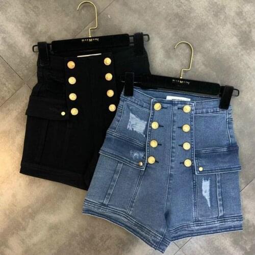 Spring Summer High Waist Gold Buttons Hole Jean Shorts Woman Trend Denim Shorts Slim Ladys Hot Pants Blue Black