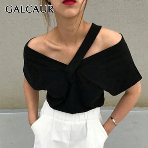 GALCAUR Black Hollow Out Casual T Shirt For Women V Neck Short Sleeve Solid Minimalist T Shirts Females Summer Clothing 2021 New
