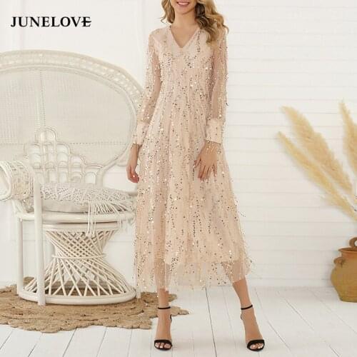 JuneLove Women Autumn Sexy Sequined Dress Vintage Long Sleeve Female Party Dress Casual Street Mesh Lady Long Dress Vestidos