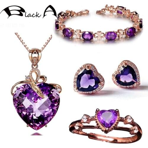 BLACK ANGEL 18k Gold Romantic Heart Shaped Amethyst Gemstone Jewelry Set Necklace Rings Four Clover Bracelet Earrings For Women