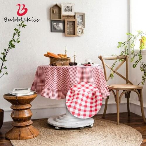 Bubble Kiss Plaid Round Tablecloth Table Cover Lace Tassel Cotton Picnic Table Cloth Modern Red Background Sweets Table Decor