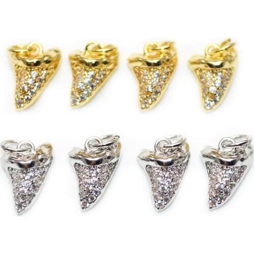 Metal Copper Shark Teeth Pendants Gold Silver Plating Rhinestone Crystal Setting Pocket Size DIY Jewelry Making Charms 20pcs/lot