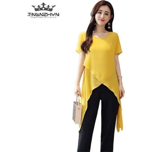 Fashion Two-piece New 2019 Irregular Chiffon Tops + Nine pencil Pants Casual Sets Simple Trend Slim Plus size Summer Women Sets