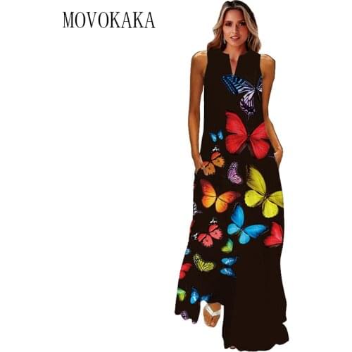 MOVOKAKA Butterfly Print Black Dress 2021 Sleeveless Summer Beach Casual Elegant Dresses Woman Plus Size Girls Long Dress Women