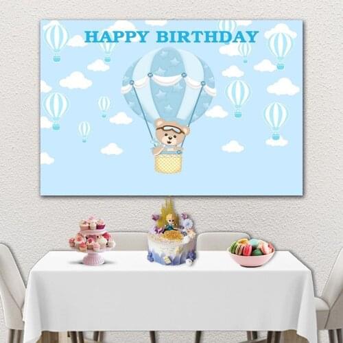 Cartoon Bear Flying In Hot Air Balloon Background Boy Birthday Party Decoration Photography Studio 3D Digital Backdrop Cloth