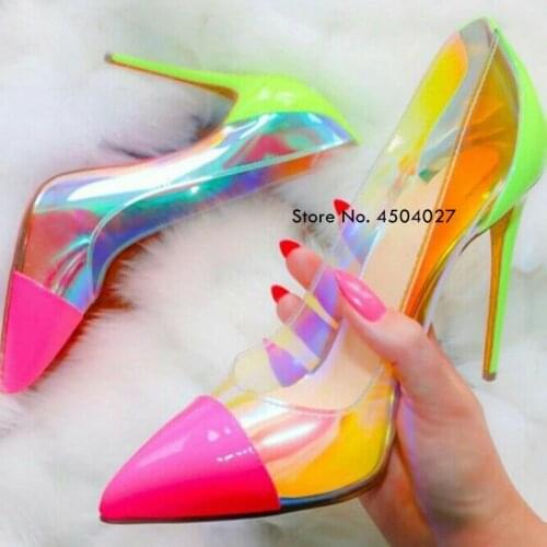 Sexy Iridescent PVC Pumps Mixed-color Stiletto Heel Dress Shoes 12cm Wedding High Heels Bride