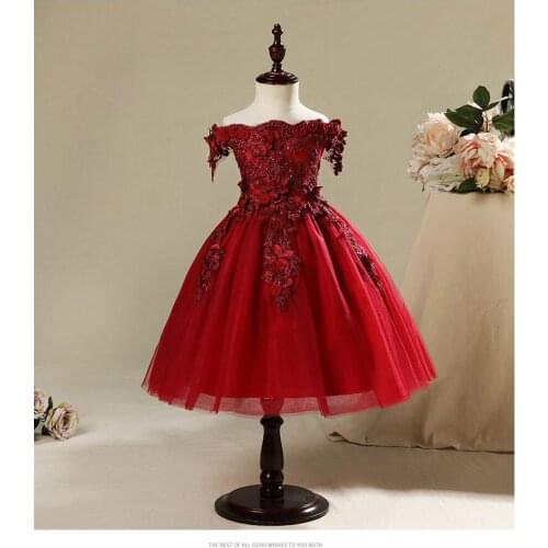 Baby Girl Dresses Wedding Party Off Shoulder Beaded Red Lace Christening Gown Infant Newborn 1st Birthday Dress for Baptism