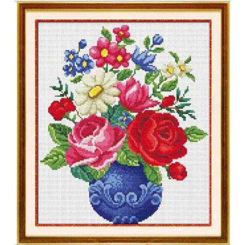 Full Range of Embroidery Starter Kits Stamped Cross Stitch Kits Beginners for DIY Embroidery (Floral Vase Pattern Designs)