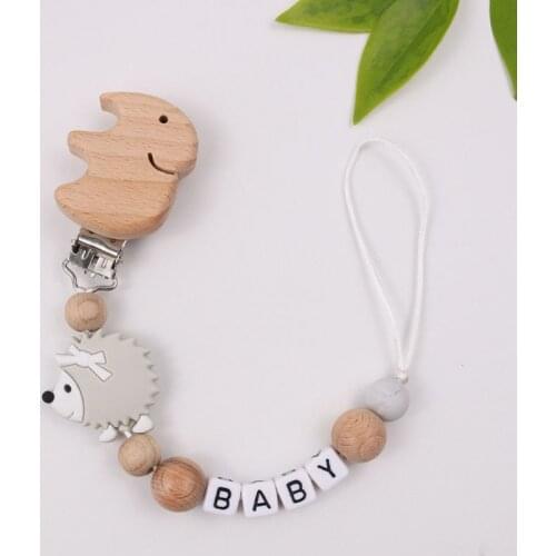 Custom Name Anti-lost Chain Hedgehog Silicone Beads Baby Pacifier Clip Chains Elephant Wooden Dummy Clip Soother Chain