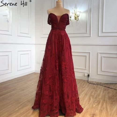 Serene Hill Wine Red A-Line Luxury Evening Dresses Gowns 2021 Crystal Sweetheart Sexy For Women Party LA71025