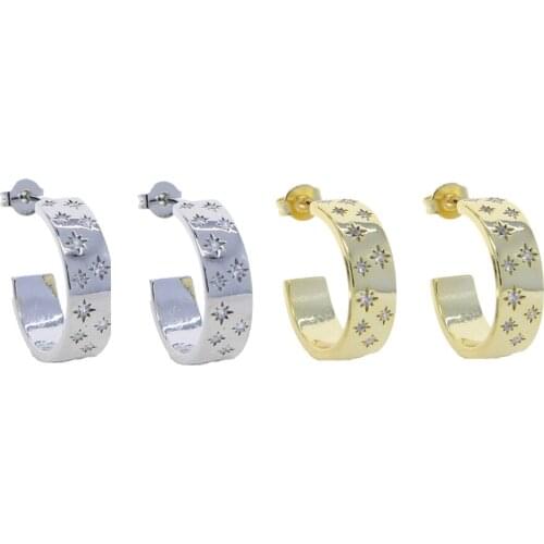 5A Cubic Zirconia CZ Star Starburst Signet Hoops Gold Color Sparking White Zirconia Chunky Thick Hoop Earring