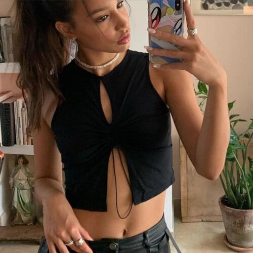 Y2K Aesthetic Drawstring Black Crop Tops Sexy Goth Hollow Out Sleeveless Tank Top Punk Style Slit Vest Streetwear 90s Female