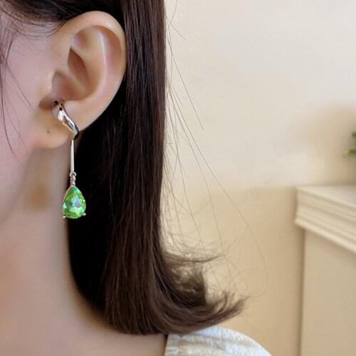 U-Magical Statement Only One Green Waterdrop Rhinestones Clip Earrings for Women Long Tassel Metal Earring Jewelry Accessories