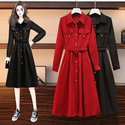 EHQAXIN Plus Size Womens Dresses Autumn Fashion Button A-Shaped Loose Long-Sleeved Cardigan Dress With Belt Casual Party L-4XL