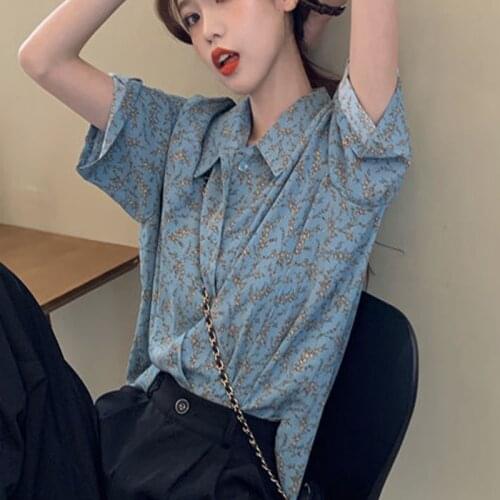Womens Spring Summer Style Chiffon Blouses Shirts Womens Loose Button Printed Half Sleeve Korean Tops SP618