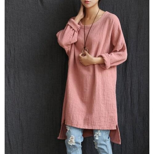 Women Autumn Spring Solid color Loose Long sleeve Irregular Dresses Female Cotton Linen Bottoming Dresses O-neck Above Knee