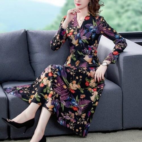 V-neck Retro Printing Flower Long Sleeve Dress For Women 2020 Newest Fashion Elegant Ladies Plus Size 4XL OL Dresses K1306