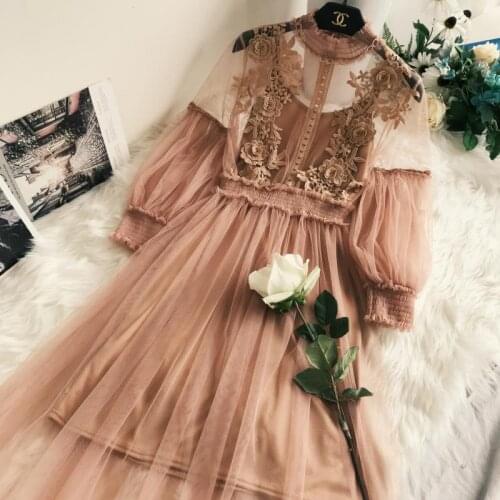 New Women Embroidery Mesh Dress Spring Autumn Puff Sleeve Korean Lace Midi Dresses Ladies Vintage 2 Piece Long Robe Vestidos