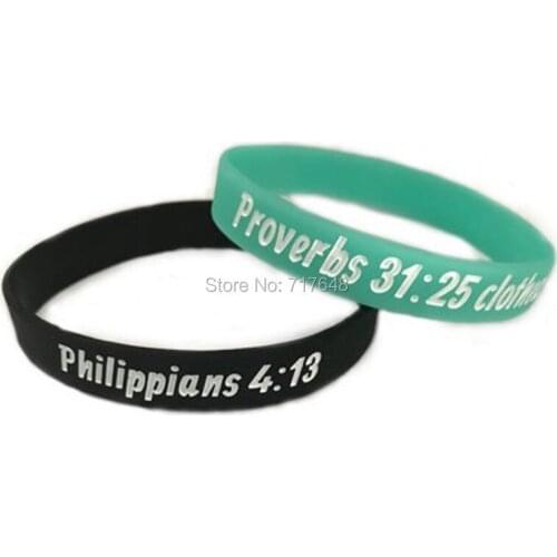 100pcs Bible Verses Philippians 4:13 Proverbs 31:25 wristband silicone bracelets free shipping by epacket A