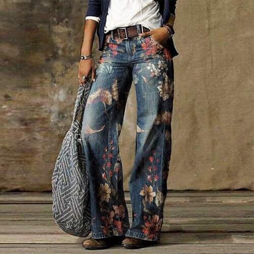2021 Spring Retro Straight Jeans Trousers 2XL Women Autumn Fashion Print Wide Leg Pants Casual Loose Denim Long Pants Streetwear