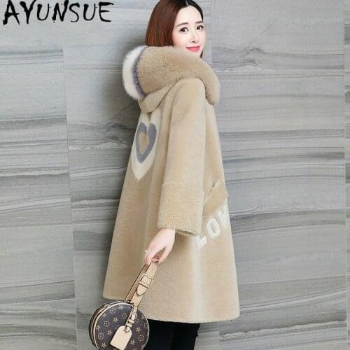 AYUNSUE Real Sheep Shearling Fur Coat Female Fox Fur Hooded Real Wool Coats 2020 Winter Jacket Women Print Korean Long Coat 8008