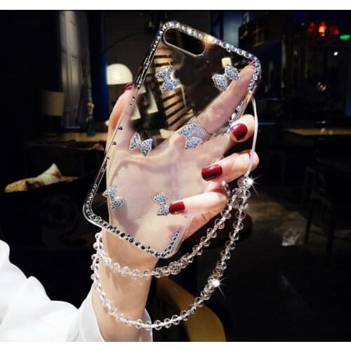 Glitter Bling Diamond Transparent Case For iPhone 12 Pro Max 11 X XR XS 7 8 Plus 12 Mini Soft TPU Cover With Long Crystal Strap