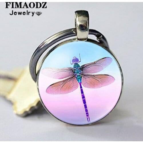 FIMAODZ Lovely Dragonfly Keychain Cute Animal Vintage Insect Glass Cabochon Key Ring for Women Girl Trendy Jewelry