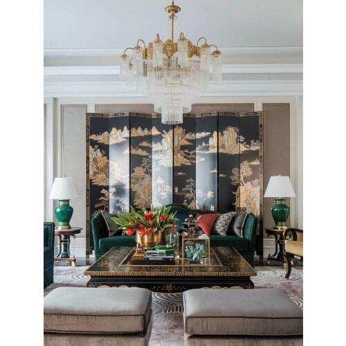 French Aristocratic Romantic Living Room Crystal Chandeliers European Villa Duplex Building Lobby High-End Golden Lamps