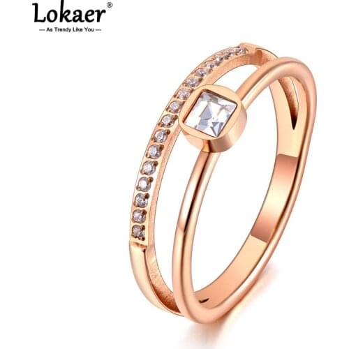 Lokaer Titanium Stainless Steel Square Cubic Zirconia Anniversary Ring Jewelry Trendy CZ Crystal Wedding Rings For Women R20075