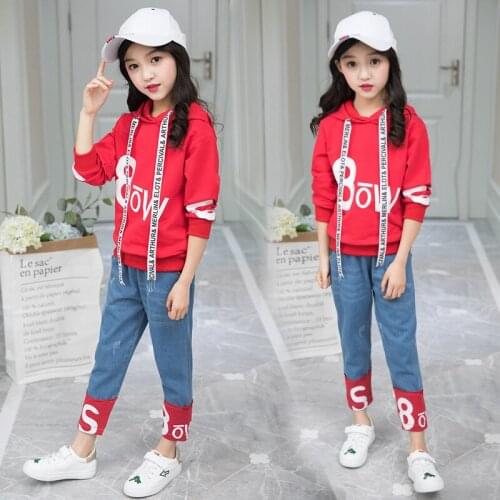 Girls Clothing Set 4-12 Years Autumn Hooded Casual Sports Hoodies 2 PCS Set (Hoodie+ Denim Pant) Fashion Letters Hoodies Suits