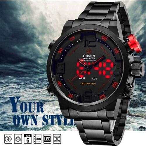 Men luxury casual steel stainless big dial dual time red led sport watches man promotion business Multi-function army wristwatch