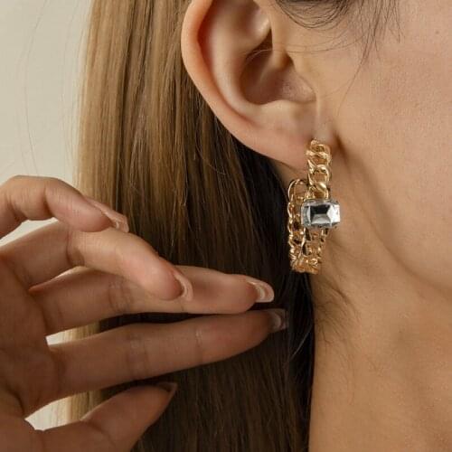 New Fashion Chain Earrings Gold Color Metal Round Hoop Earrings Crystal Circle Hoops Statement Earrings for Women Party Jewery