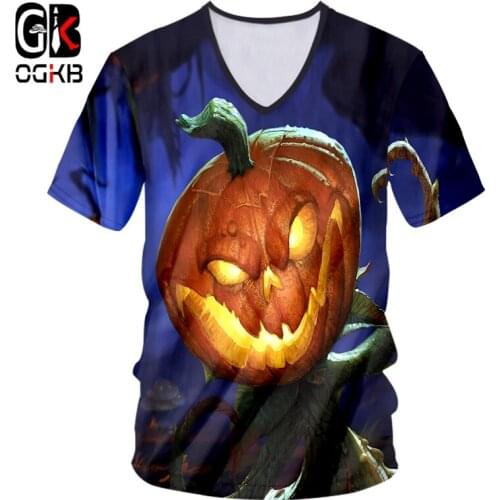 OGKB Woman New Tee Shirt Horrible Halloween T-shirt 3D Printed Personality Pumpkin Large Size 5XL 6XL Lady V Neck Tshirt