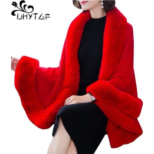 UHYTGF Authentic autumn winter sweater shawl coat Fox fur collar sleeveless knitted cloak-type sweater Female elegant jacket1273