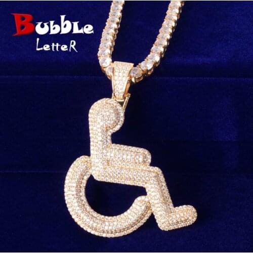 Wheelchair Handicap Sign Pendant Necklace Gold Color Charm Bling Cubic Zircon Mens Hip hop Rock Jewelry
