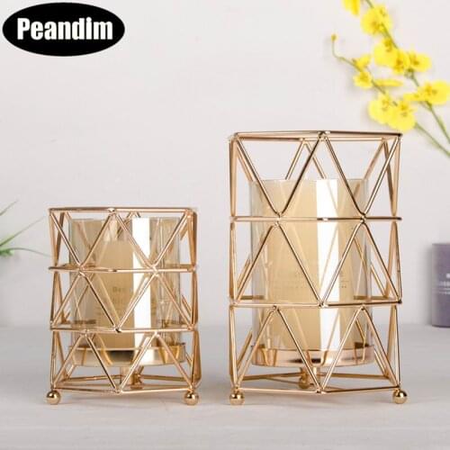 Peandim Geometry Candle Holders Gold Metal Wire Candlestick Tabletop Aritist Craft Home Decoration Valentine Candle Stand