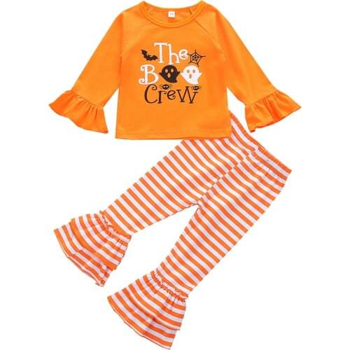 OPPERIAYAY Baby Girls Halloween Clothes Casual Set Letter Print Long Sleeve O-neck Tops Elastic Waist Striped Flared Trousers