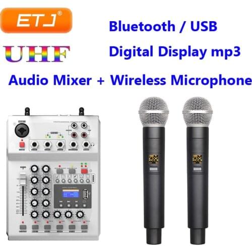 Professional Bluetooth Karaoke Microphone UHF Dual Wireless Audio Mixer Console Multi-Function Digital Display USB 48V Phantom