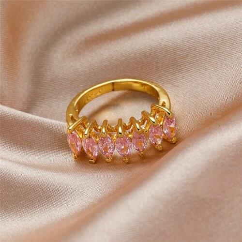 Romantic Pink Zircon Ring Marquise Crystal Stone Rings For Women Wedding Jewelry Vintage Fashion Yellow Gold Ring Mothers Gifts