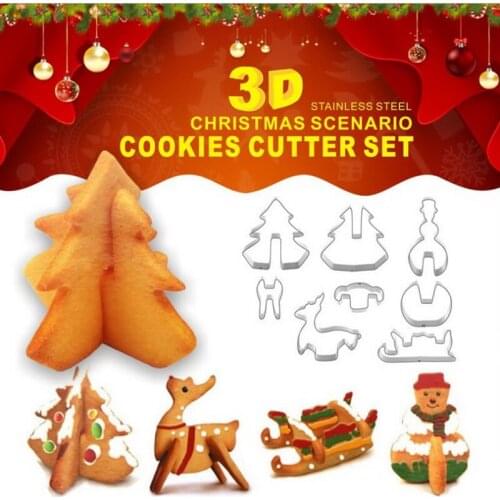 Christmas Party Decorations Stainless Steel 3D Xmas Tree Snowman Sleigh Elk Biscuit Mold Cookie Cutter in Gift Box Set of 8