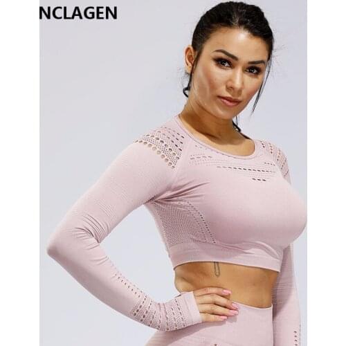 Yoga top Fitness Running Shirt Anti-wrinkle Breathable Hollow Out Jacquard Seamless Long Sleeve Bodybuilding Crop Top NCLAGEN