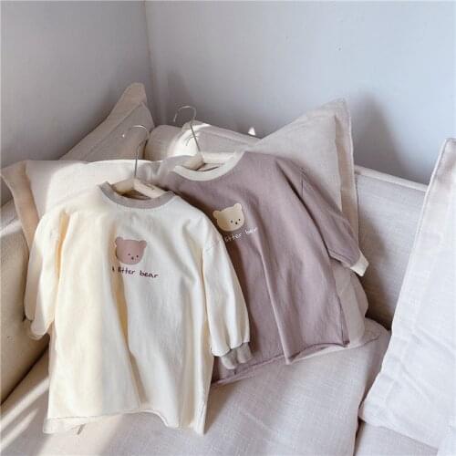 MILANCEL 2021 Autumn New Girls Tees Korean Long Sleeve Print Cartoon Bear Solid O-Neck Cotton T-Shirt