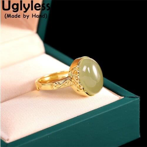 Uglyless Minimalism Blank Gemstones Rings for Women Natural Hotan Jade Rings Gold Ethnic Jewelry 925 Sterling Silver Jade Bijoux