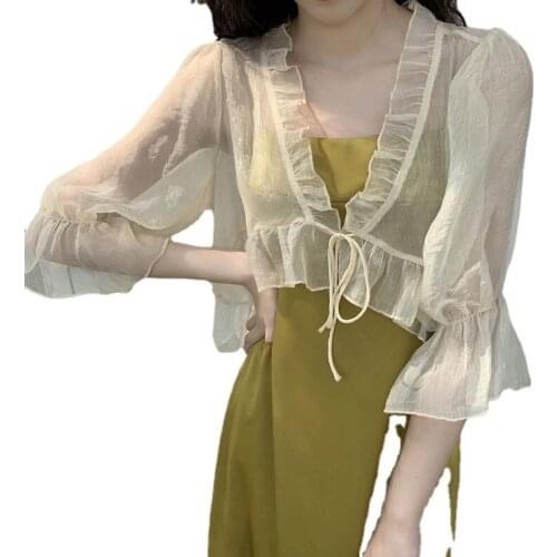 Women Summer Fashion Short Chiffon Shirts Tops Flare Sleeve Sunscreen Shirts Sweet Ruffled Sun Protection Blouse Casual Blusa